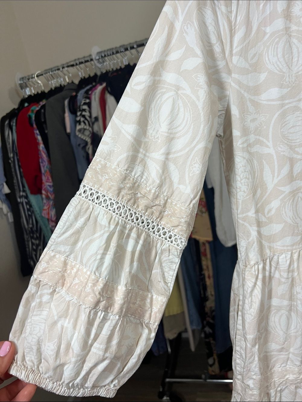 La Plage 100% Cotton Ivory and Beige Botanical Boho Dress Sz Small - Picture 3 of 7